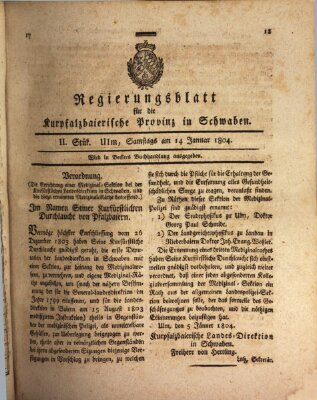 Regierungsblatt für die Kurpfalzbaierische Provinz in Schwaben Samstag 14. Januar 1804