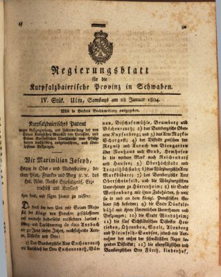 Regierungsblatt für die Kurpfalzbaierische Provinz in Schwaben Samstag 28. Januar 1804