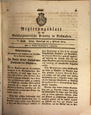 Regierungsblatt für die Kurpfalzbaierische Provinz in Schwaben Samstag 4. Februar 1804