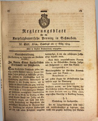 Regierungsblatt für die Kurpfalzbaierische Provinz in Schwaben Samstag 17. März 1804