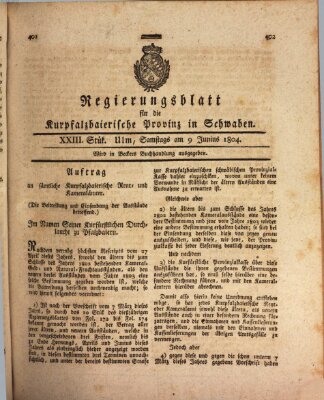 Regierungsblatt für die Kurpfalzbaierische Provinz in Schwaben Samstag 9. Juni 1804