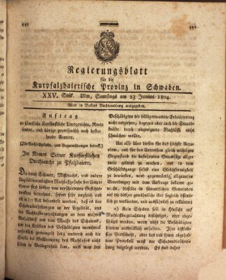 Regierungsblatt für die Kurpfalzbaierische Provinz in Schwaben Samstag 23. Juni 1804