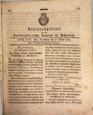 Regierungsblatt für die Kurpfalzbaierische Provinz in Schwaben Samstag 21. Juli 1804