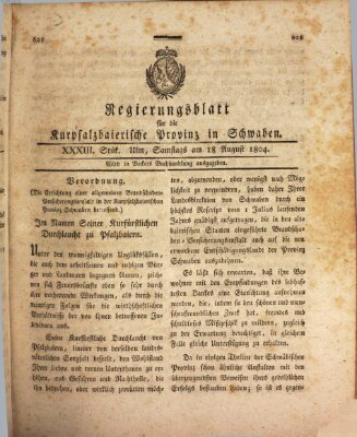 Regierungsblatt für die Kurpfalzbaierische Provinz in Schwaben Samstag 18. August 1804