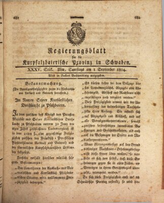 Regierungsblatt für die Kurpfalzbaierische Provinz in Schwaben Samstag 1. September 1804