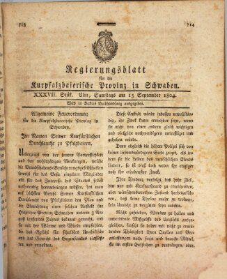 Regierungsblatt für die Kurpfalzbaierische Provinz in Schwaben Samstag 15. September 1804