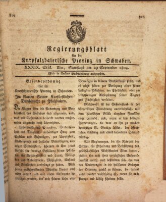 Regierungsblatt für die Kurpfalzbaierische Provinz in Schwaben Samstag 29. September 1804