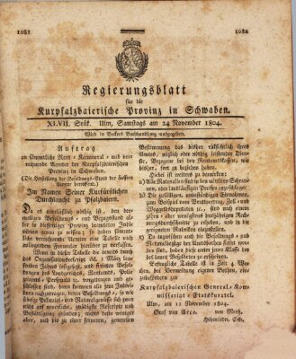 Regierungsblatt für die Kurpfalzbaierische Provinz in Schwaben Samstag 24. November 1804