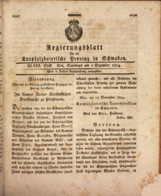 Regierungsblatt für die Kurpfalzbaierische Provinz in Schwaben Samstag 1. Dezember 1804