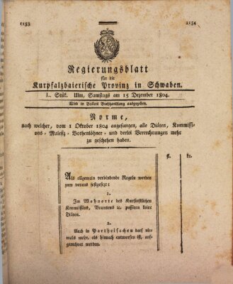 Regierungsblatt für die Kurpfalzbaierische Provinz in Schwaben Samstag 15. Dezember 1804