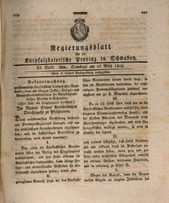 Regierungsblatt für die Kurpfalzbaierische Provinz in Schwaben Samstag 16. März 1805