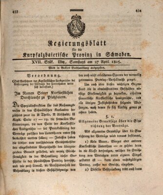 Regierungsblatt für die Kurpfalzbaierische Provinz in Schwaben Samstag 27. April 1805