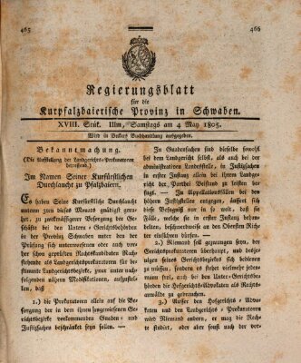 Regierungsblatt für die Kurpfalzbaierische Provinz in Schwaben Samstag 4. Mai 1805