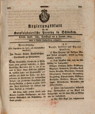 Regierungsblatt für die Kurpfalzbaierische Provinz in Schwaben Samstag 8. Juni 1805