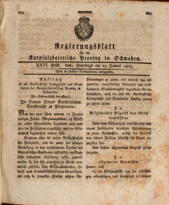 Regierungsblatt für die Kurpfalzbaierische Provinz in Schwaben Samstag 29. Juni 1805