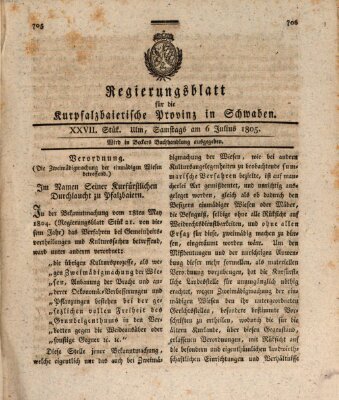 Regierungsblatt für die Kurpfalzbaierische Provinz in Schwaben Samstag 6. Juli 1805