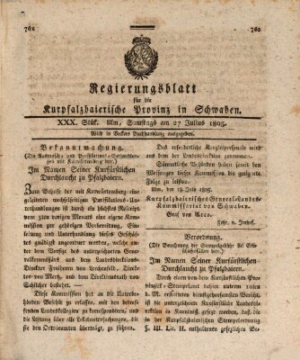 Regierungsblatt für die Kurpfalzbaierische Provinz in Schwaben Samstag 27. Juli 1805