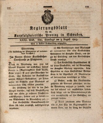 Regierungsblatt für die Kurpfalzbaierische Provinz in Schwaben Samstag 3. August 1805