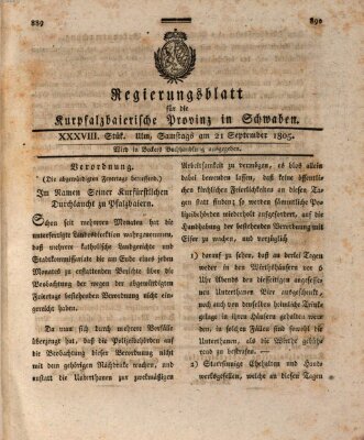 Regierungsblatt für die Kurpfalzbaierische Provinz in Schwaben Samstag 21. September 1805