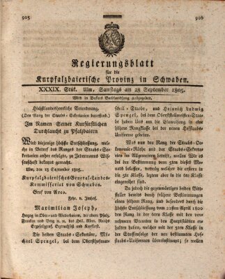 Regierungsblatt für die Kurpfalzbaierische Provinz in Schwaben Samstag 28. September 1805