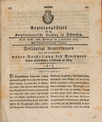 Regierungsblatt für die Kurpfalzbaierische Provinz in Schwaben Samstag 9. November 1805