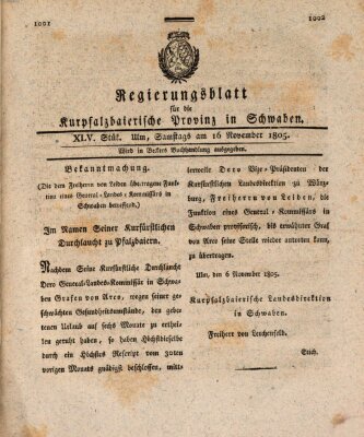 Regierungsblatt für die Kurpfalzbaierische Provinz in Schwaben Samstag 16. November 1805