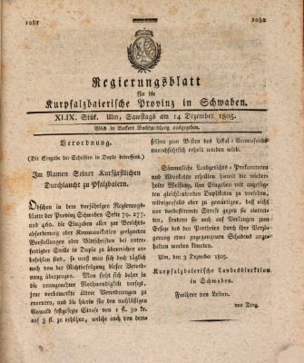 Regierungsblatt für die Kurpfalzbaierische Provinz in Schwaben Samstag 14. Dezember 1805