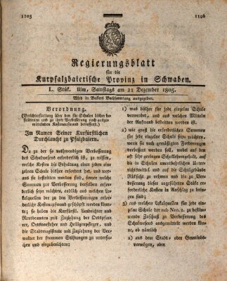 Regierungsblatt für die Kurpfalzbaierische Provinz in Schwaben Samstag 21. Dezember 1805