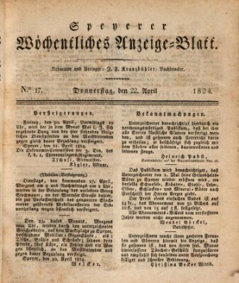 Speyerer wöchentliches Anzeige-Blatt Donnerstag 22. April 1824