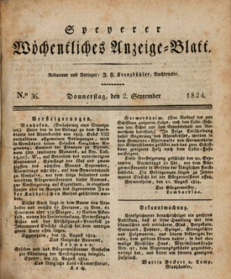 Speyerer wöchentliches Anzeige-Blatt Donnerstag 2. September 1824