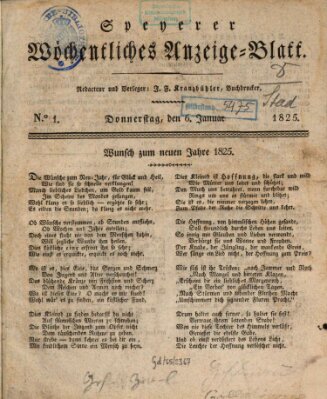 Speyerer wöchentliches Anzeige-Blatt Donnerstag 6. Januar 1825