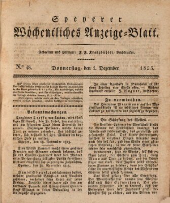 Speyerer wöchentliches Anzeige-Blatt Donnerstag 1. Dezember 1825