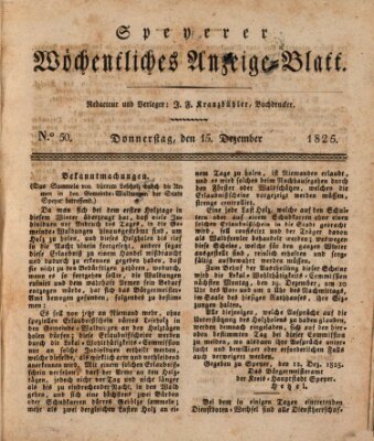 Speyerer wöchentliches Anzeige-Blatt Donnerstag 15. Dezember 1825