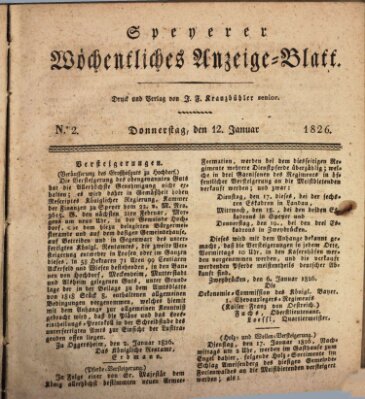 Speyerer wöchentliches Anzeige-Blatt Donnerstag 12. Januar 1826