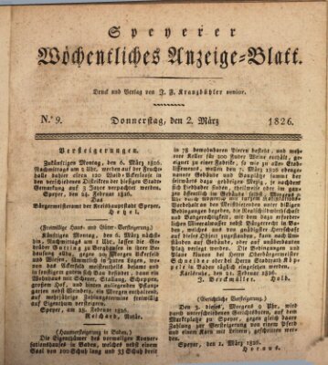 Speyerer wöchentliches Anzeige-Blatt Donnerstag 2. März 1826