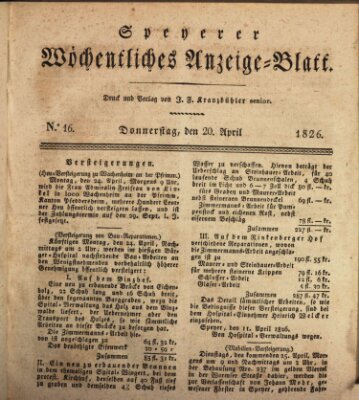 Speyerer wöchentliches Anzeige-Blatt Donnerstag 20. April 1826