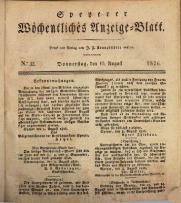 Speyerer wöchentliches Anzeige-Blatt Donnerstag 10. August 1826