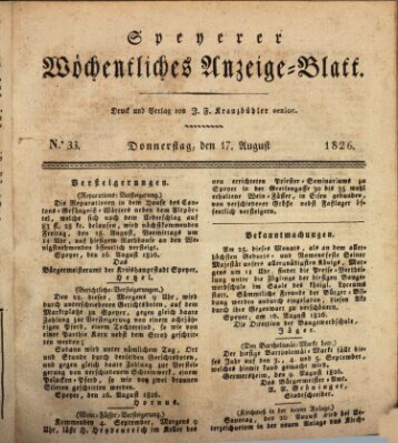 Speyerer wöchentliches Anzeige-Blatt Donnerstag 17. August 1826