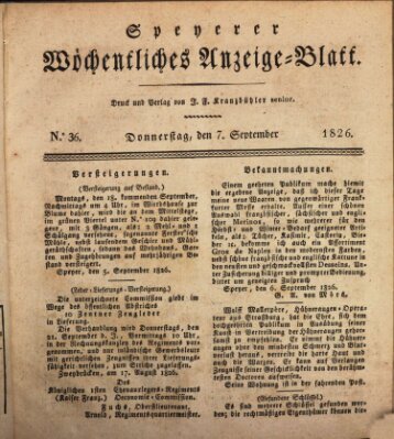 Speyerer wöchentliches Anzeige-Blatt Donnerstag 7. September 1826