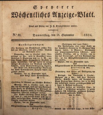 Speyerer wöchentliches Anzeige-Blatt Donnerstag 28. September 1826