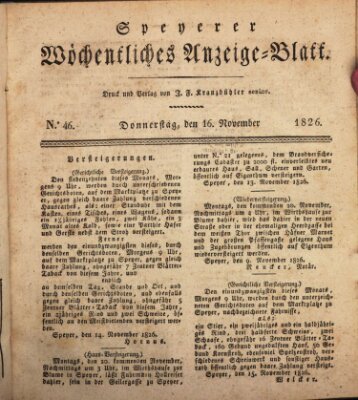 Speyerer wöchentliches Anzeige-Blatt Donnerstag 16. November 1826