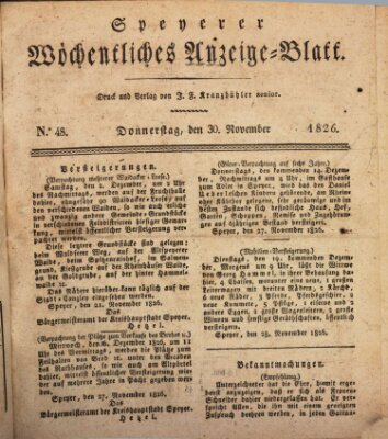 Speyerer wöchentliches Anzeige-Blatt Donnerstag 30. November 1826