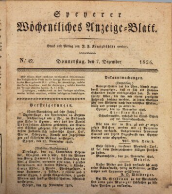 Speyerer wöchentliches Anzeige-Blatt Donnerstag 7. Dezember 1826