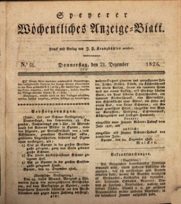 Speyerer wöchentliches Anzeige-Blatt Donnerstag 21. Dezember 1826