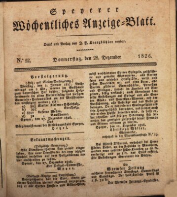 Speyerer wöchentliches Anzeige-Blatt Donnerstag 28. Dezember 1826