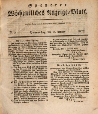 Speyerer wöchentliches Anzeige-Blatt Donnerstag 18. Januar 1827