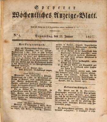 Speyerer wöchentliches Anzeige-Blatt Donnerstag 25. Januar 1827