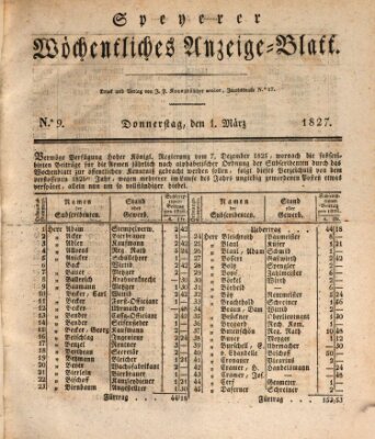 Speyerer wöchentliches Anzeige-Blatt Donnerstag 1. März 1827