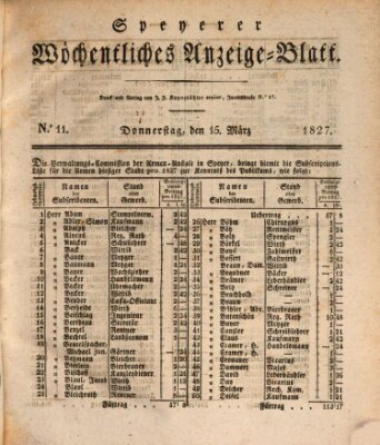 Speyerer wöchentliches Anzeige-Blatt Donnerstag 15. März 1827