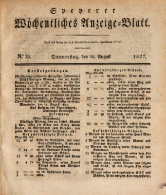 Speyerer wöchentliches Anzeige-Blatt Donnerstag 16. August 1827